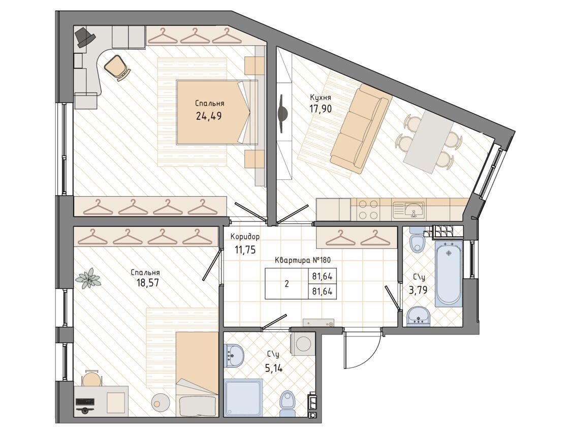 Планировка: 2-комн. квартира 82.30 м² в новостройке Мануфактура Джеймс Бэк