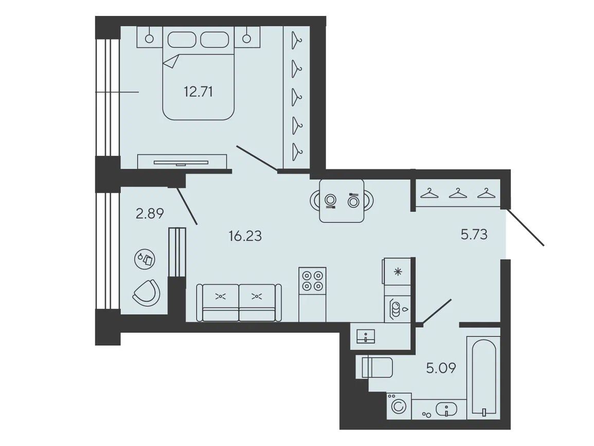 Планировка: 1-комн. квартира 41.21 м² в новостройке Башни Элемент