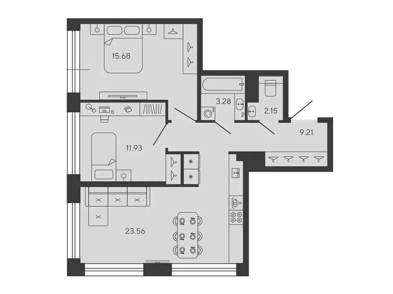 Планировка: 2-комн. квартира 65.81 м² в новостройке Башни Элемент