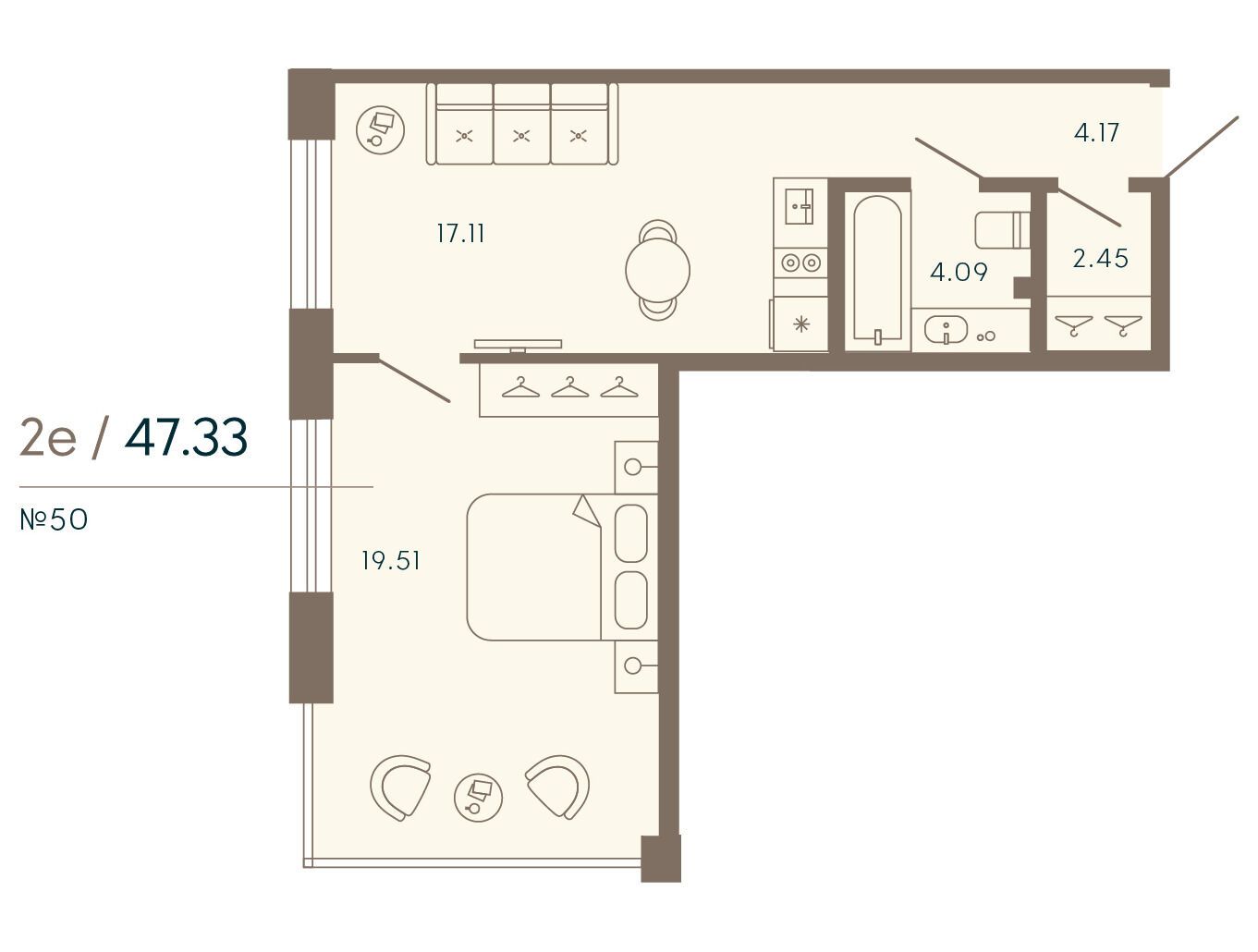 Планировка: 1-комн. квартира 47.33 м² в новостройке 17/33 Петровский остров