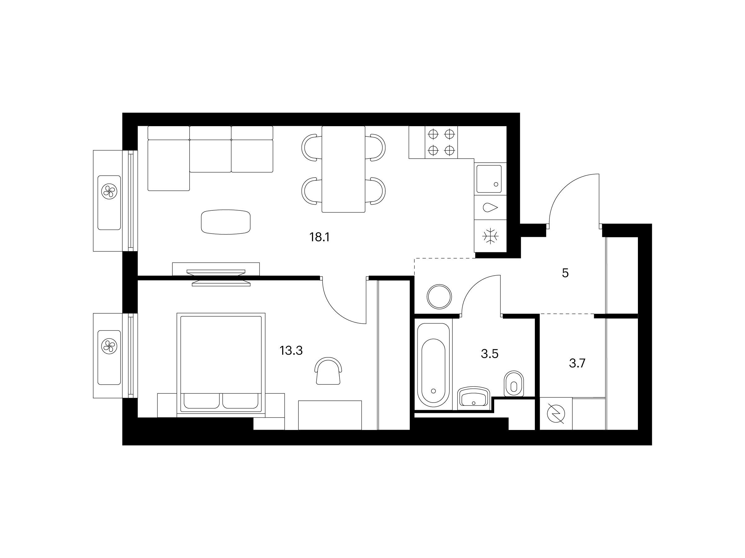 Планировка: 1-комн. квартира 43.60 м² в новостройке Витебский парк
