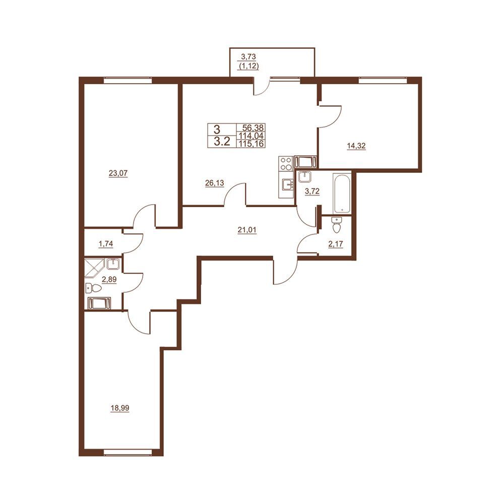 Планировка: 3-комн. квартира 117.90 м² в новостройке Полет