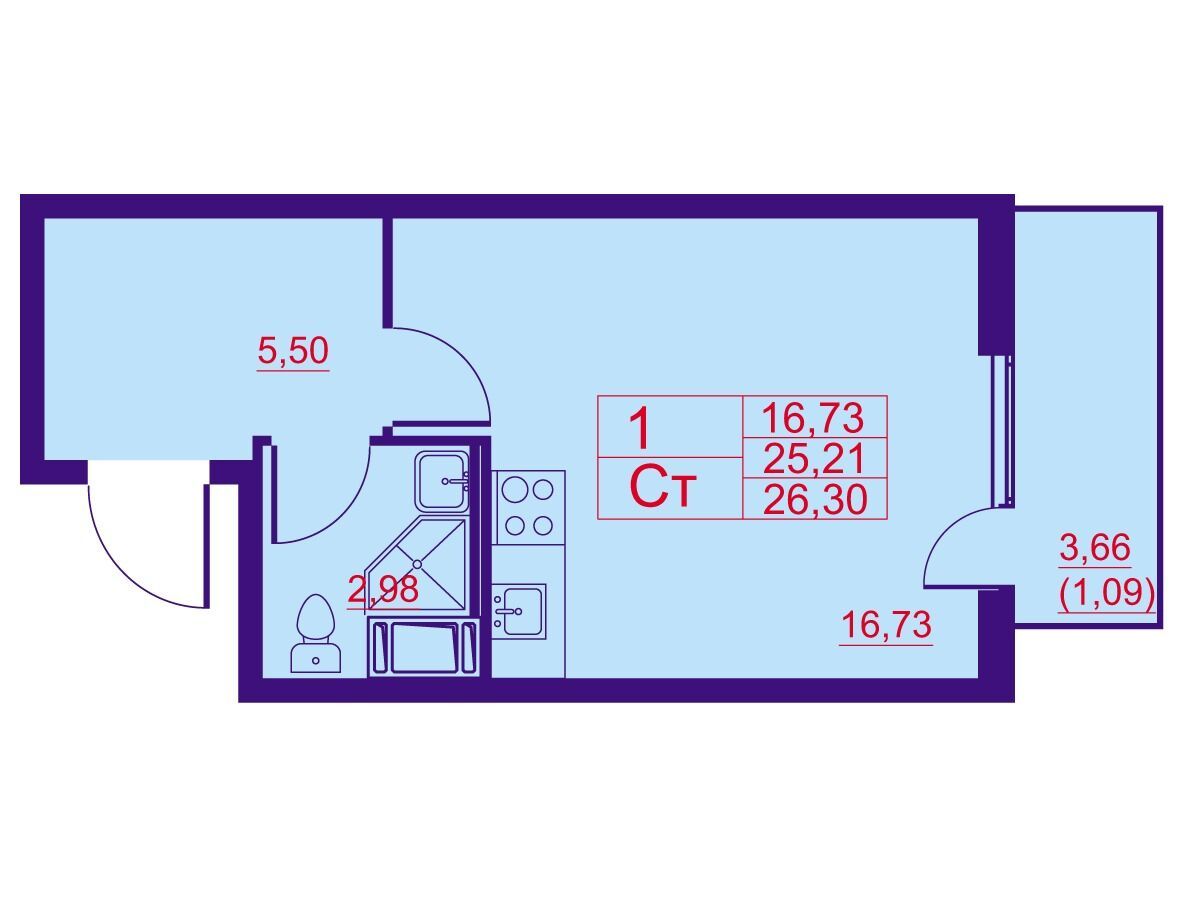 Планировка: Студия 26.30 м² в новостройке Полет