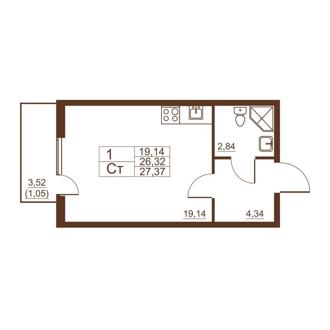 Планировка: Студия 26.50 м² в новостройке Полет