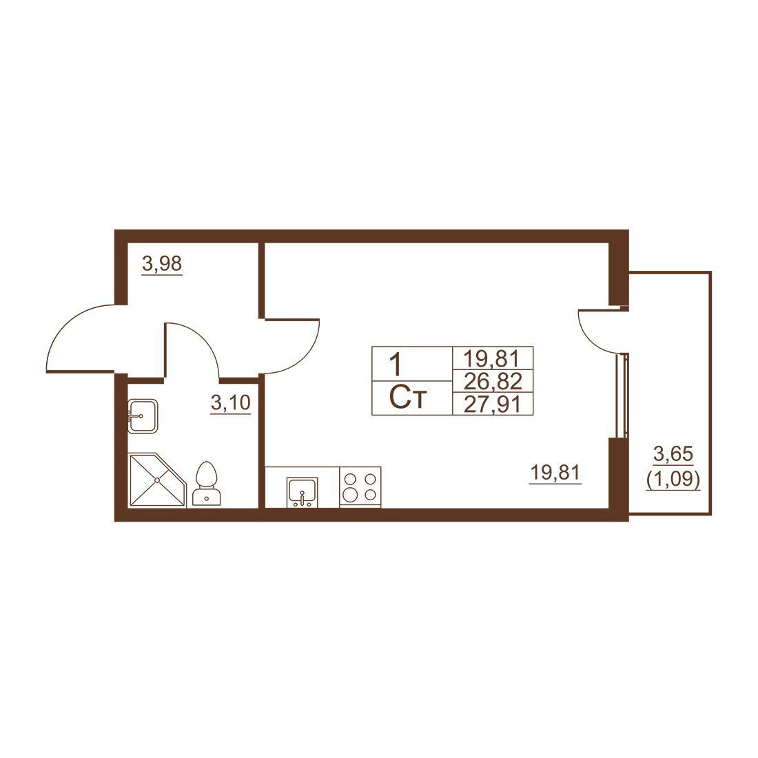 Планировка: Студия 26.80 м² в новостройке ЖК Полет