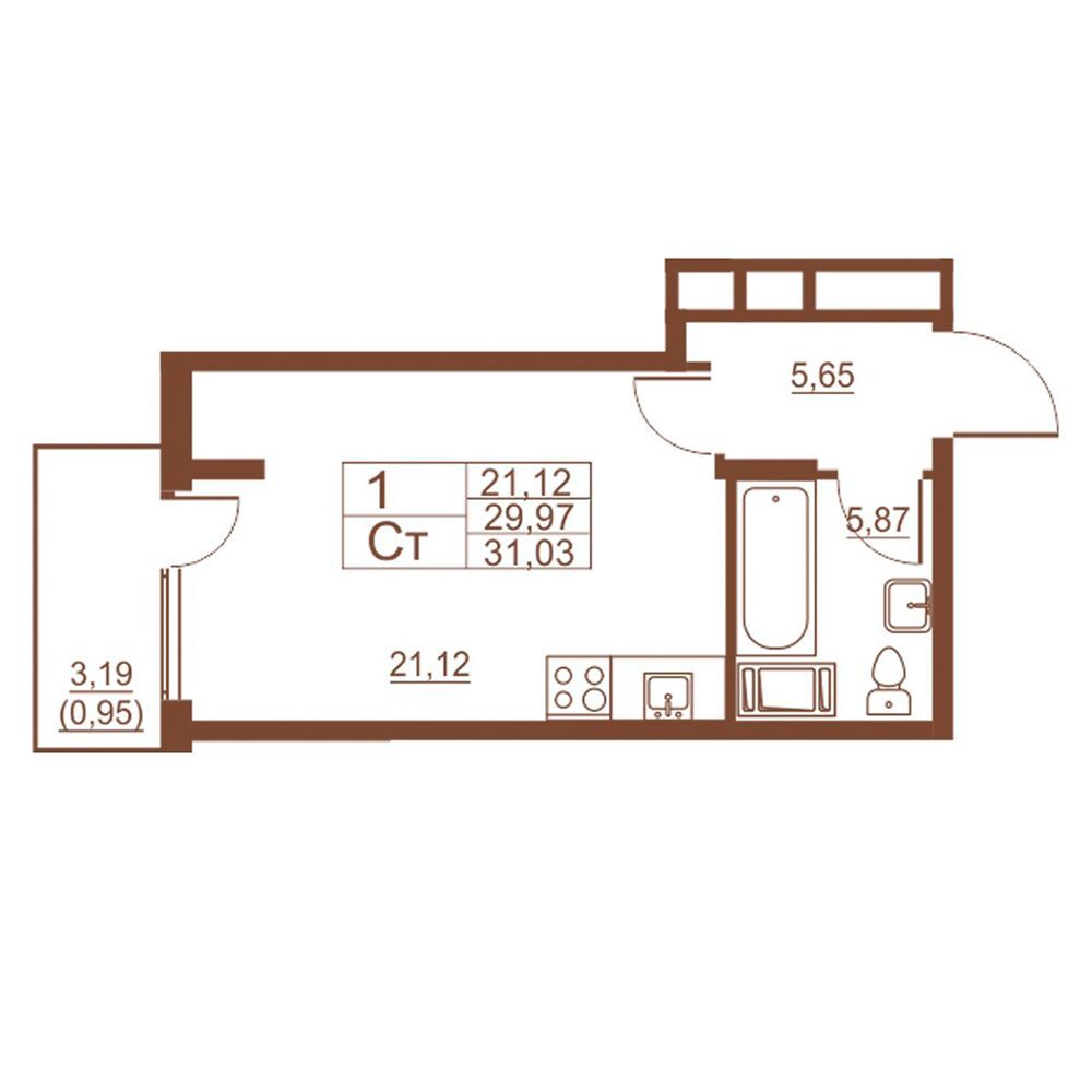 Планировка: Студия 30.00 м² в новостройке ЖК Полет