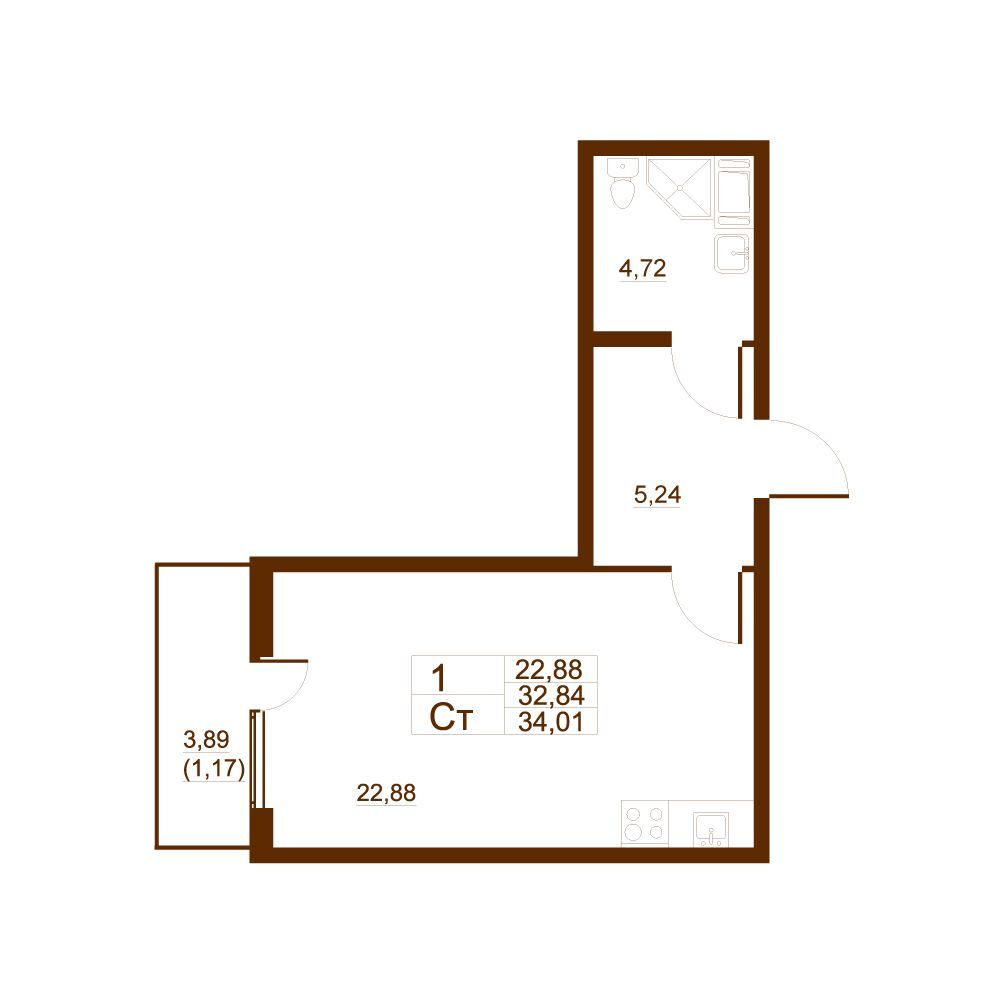 Планировка: Студия 31.50 м² в новостройке ЖК Полет