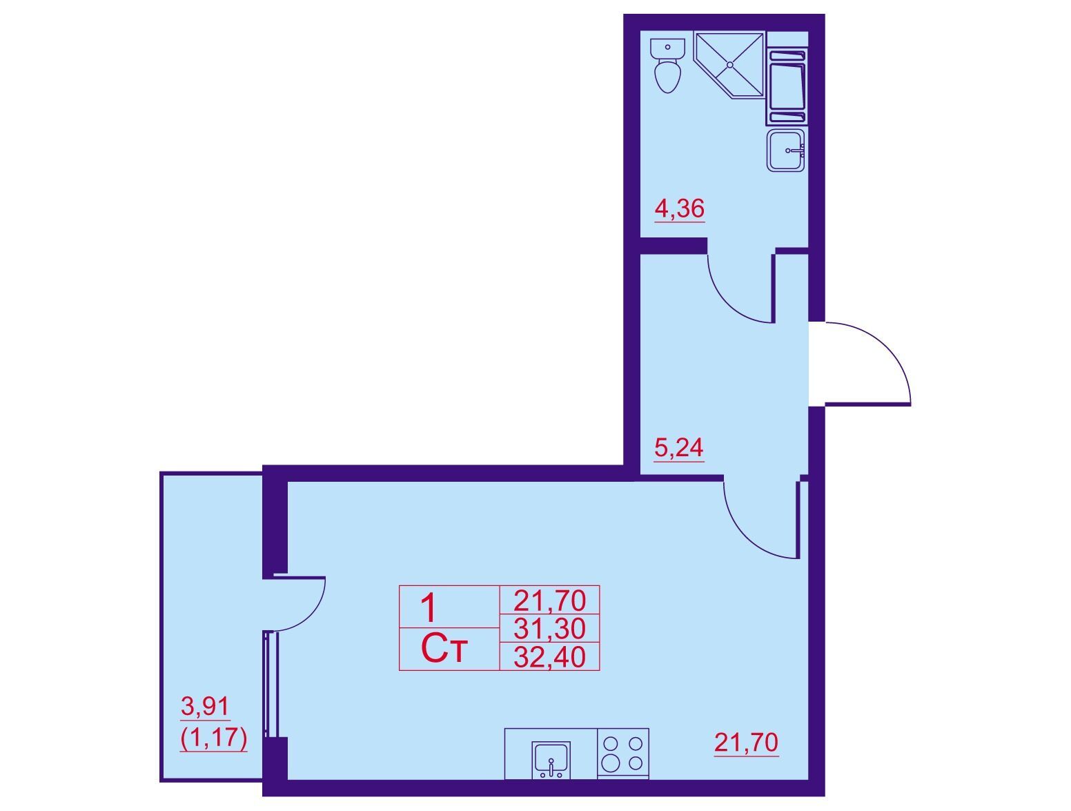 Планировка: Студия 32.40 м² в новостройке ЖК Полет