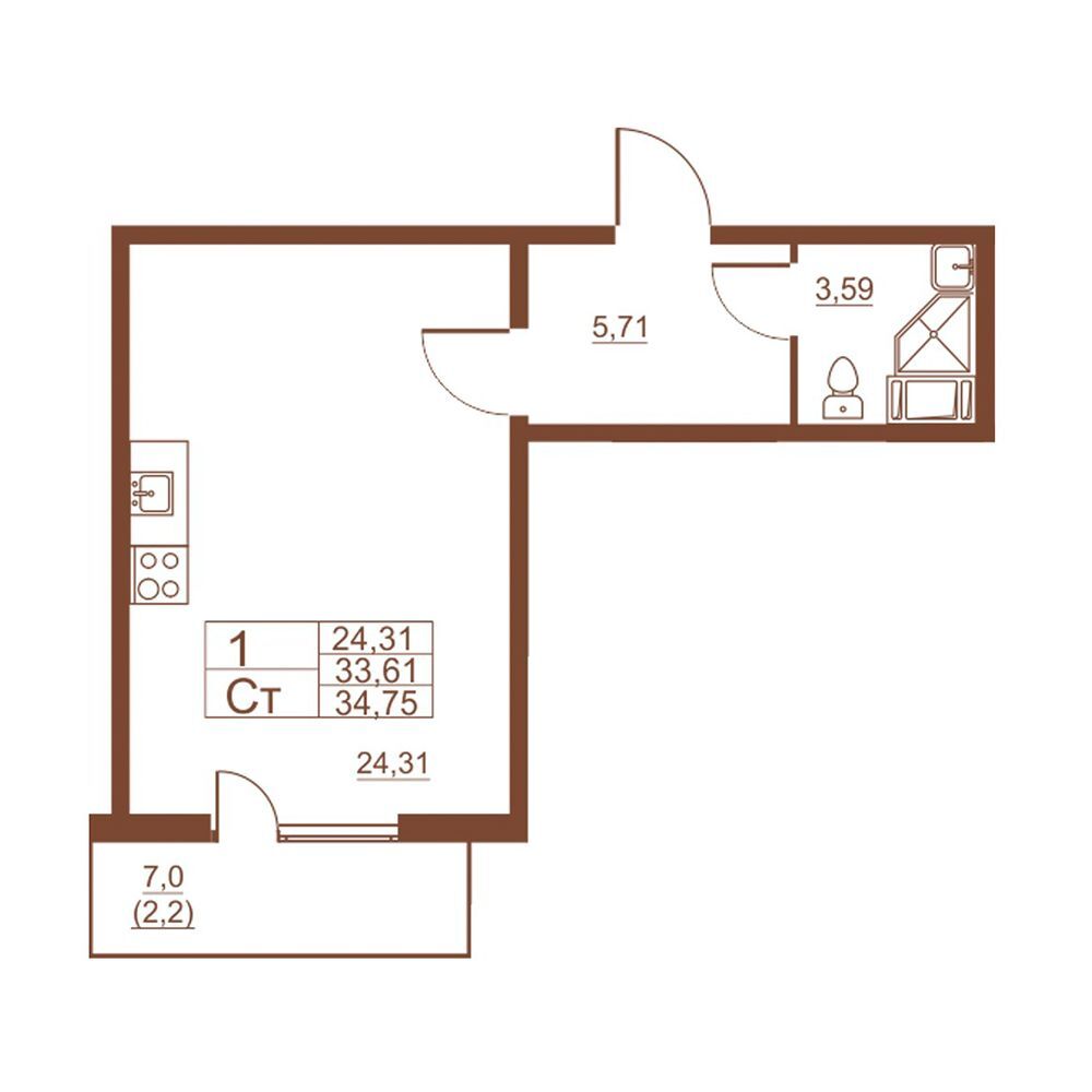 Планировка: Студия 32.30 м² в новостройке Полет