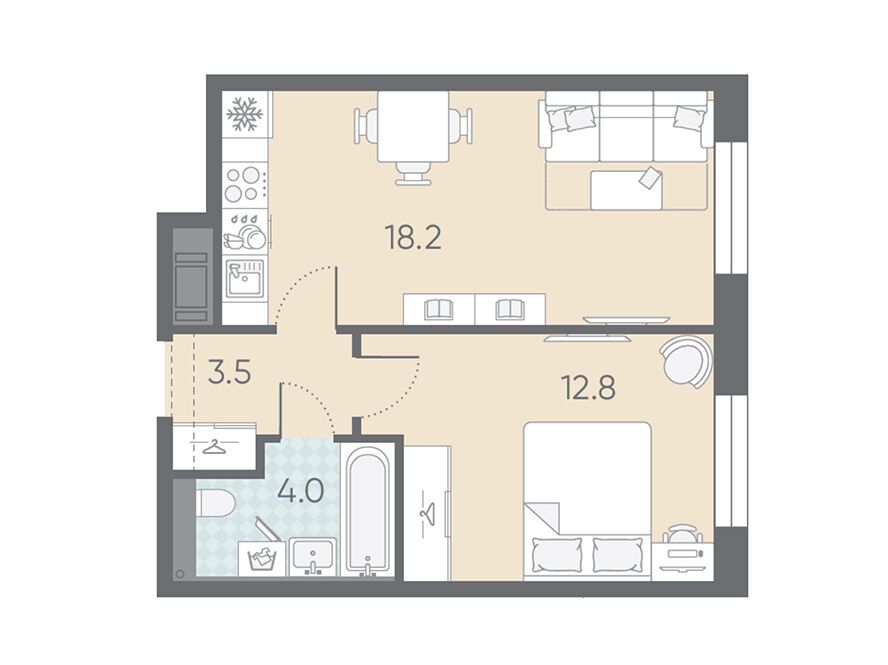 Планировка: 1-комн. квартира 38.50 м² в новостройке Большая Охта