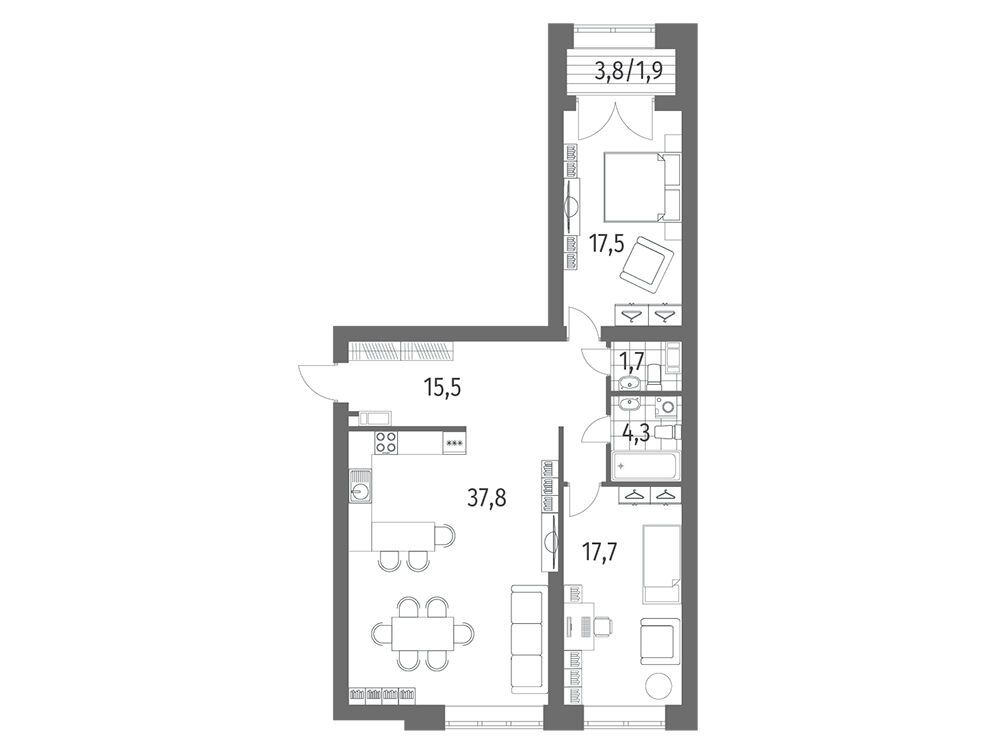 Планировка: 2-комн. квартира 96.40 м² в новостройке Наука