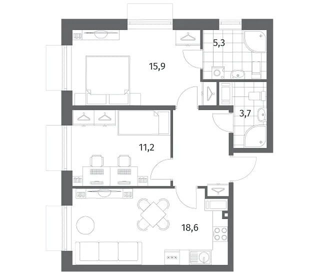 Планировка: 2-комн. квартира 61.90 м² в новостройке Парусная 1