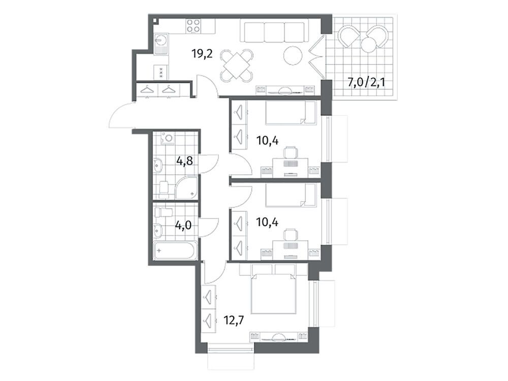 Планировка: 3-комн. квартира 74.50 м² в новостройке Парусная 1