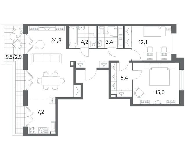 Планировка: 3-комн. квартира 81.90 м² в новостройке Парусная 1