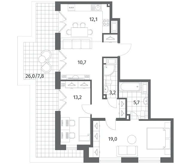 Планировка: 3-комн. квартира 79.70 м² в новостройке Парусная 1