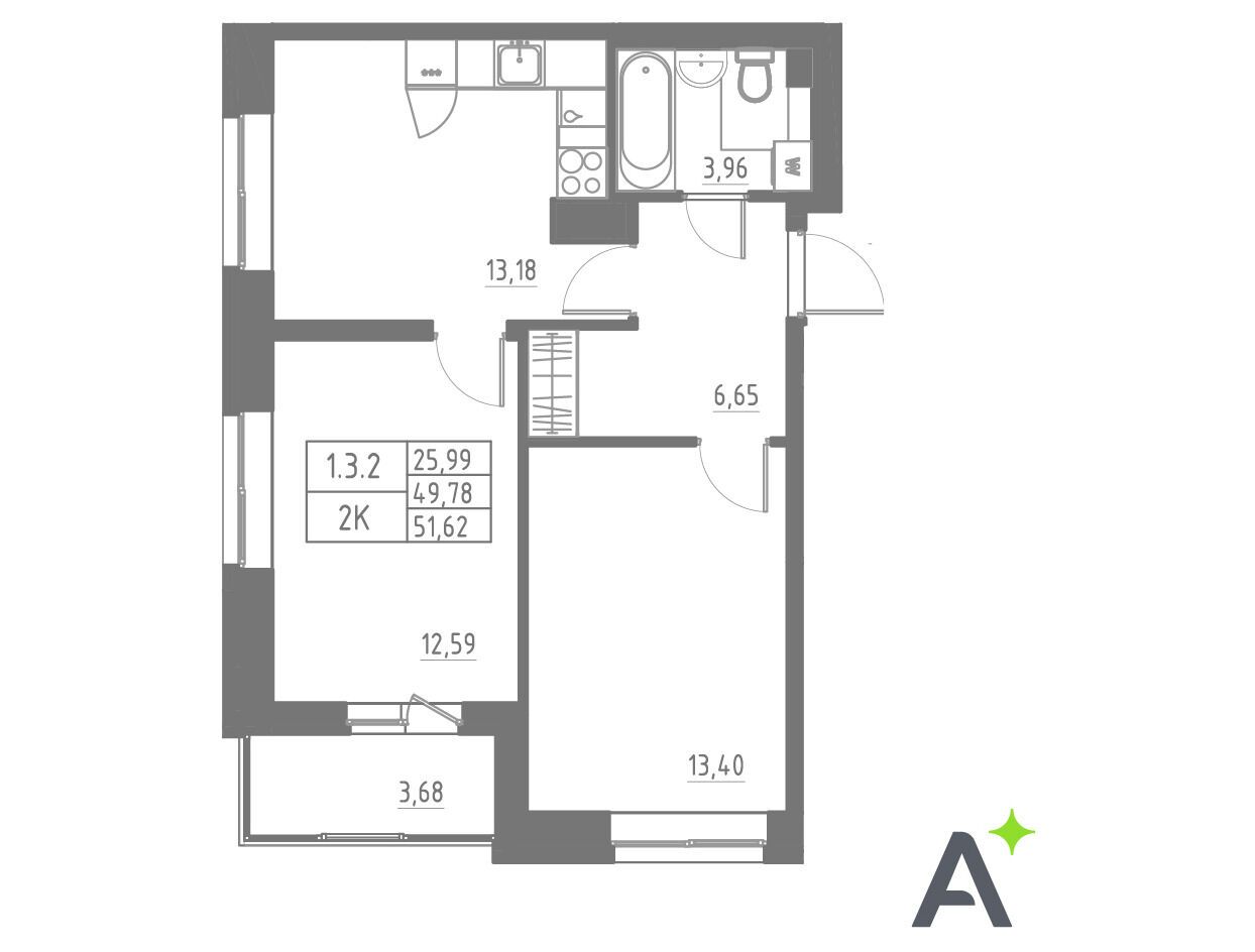 Планировка: 2-комн. квартира 51.62 м² в новостройке Аквилон Солар