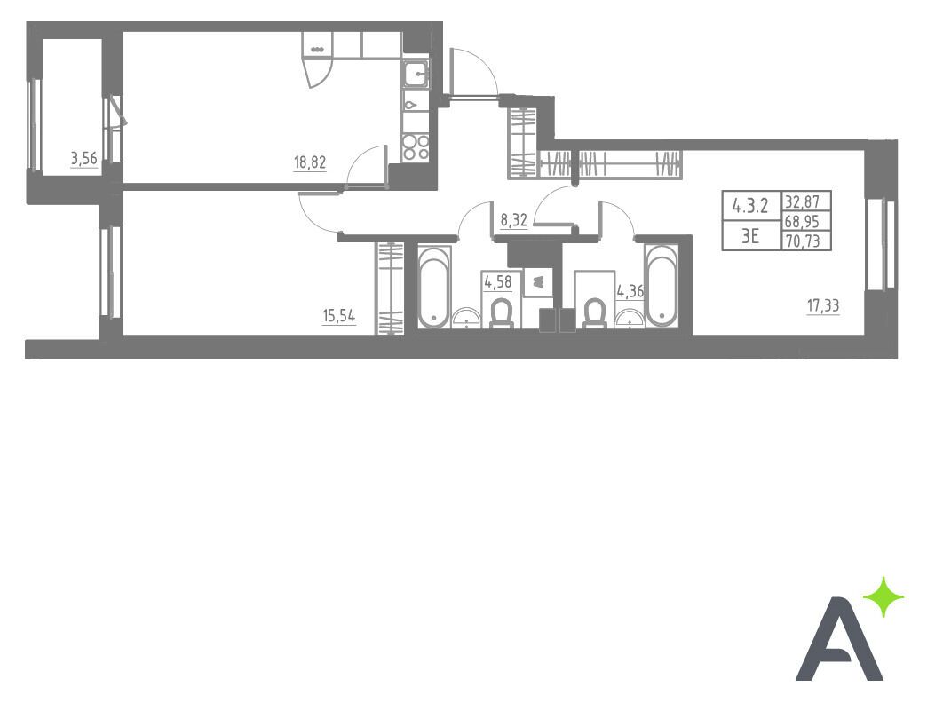 Планировка: 3-комн. квартира 70.73 м² в новостройке Аквилон Солар
