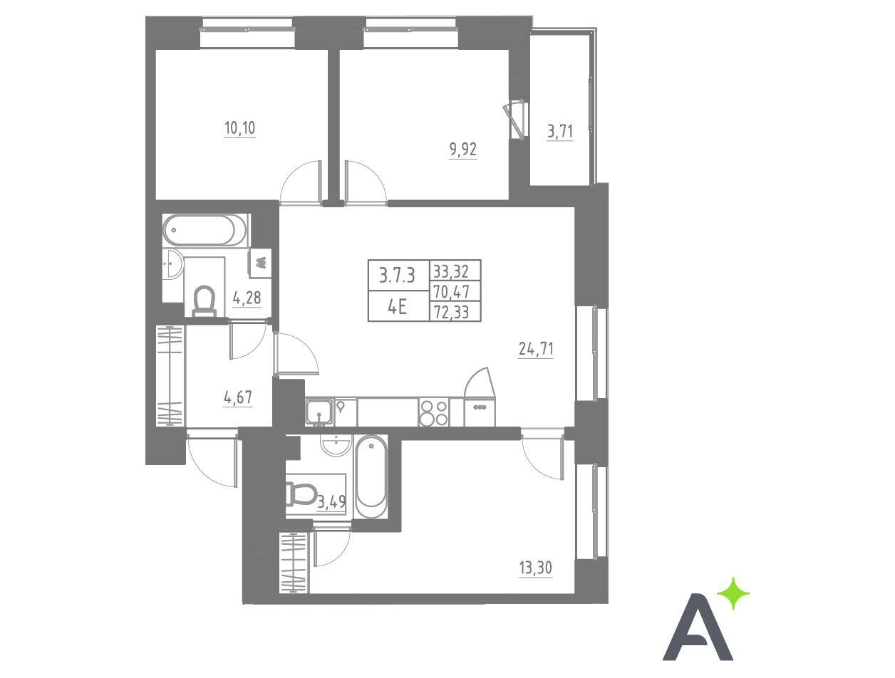 Планировка: 4-комн. квартира 72.33 м² в новостройке Аквилон Солар