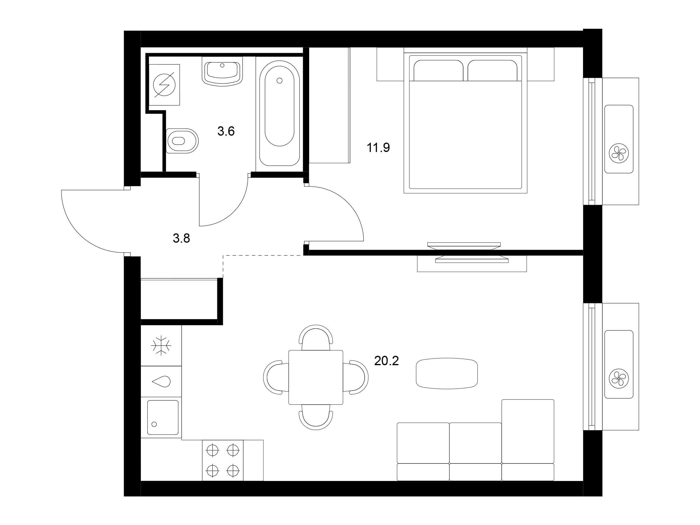 Планировка: 1-комн. квартира 39.50 м² в новостройке Витебский парк