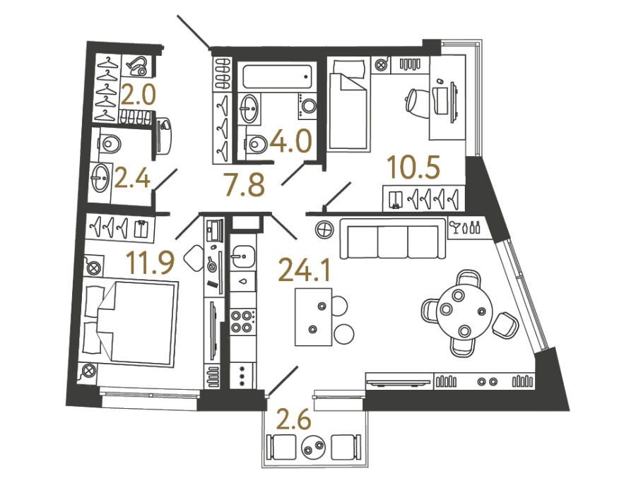 Планировка: 2-комн. квартира 62.70 м² в новостройке Цвет Зеленогорска