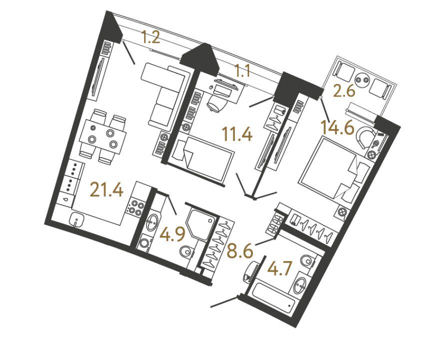 Планировка: 2-комн. квартира 65.60 м² в новостройке Цвет Зеленогорска