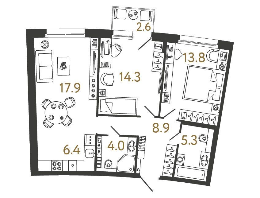 Планировка: 2-комн. квартира 70.60 м² в новостройке Цвет Зеленогорска