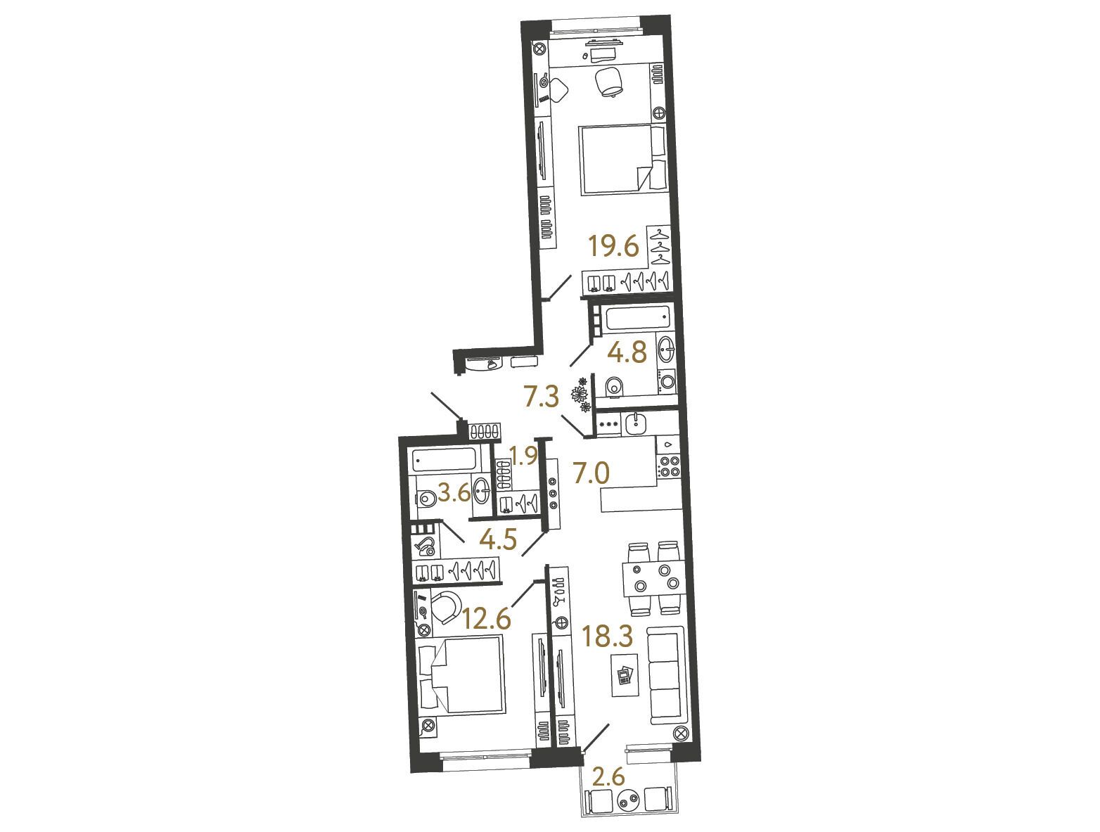 Планировка: 2-комн. квартира 79.60 м² в новостройке Цвет Зеленогорска