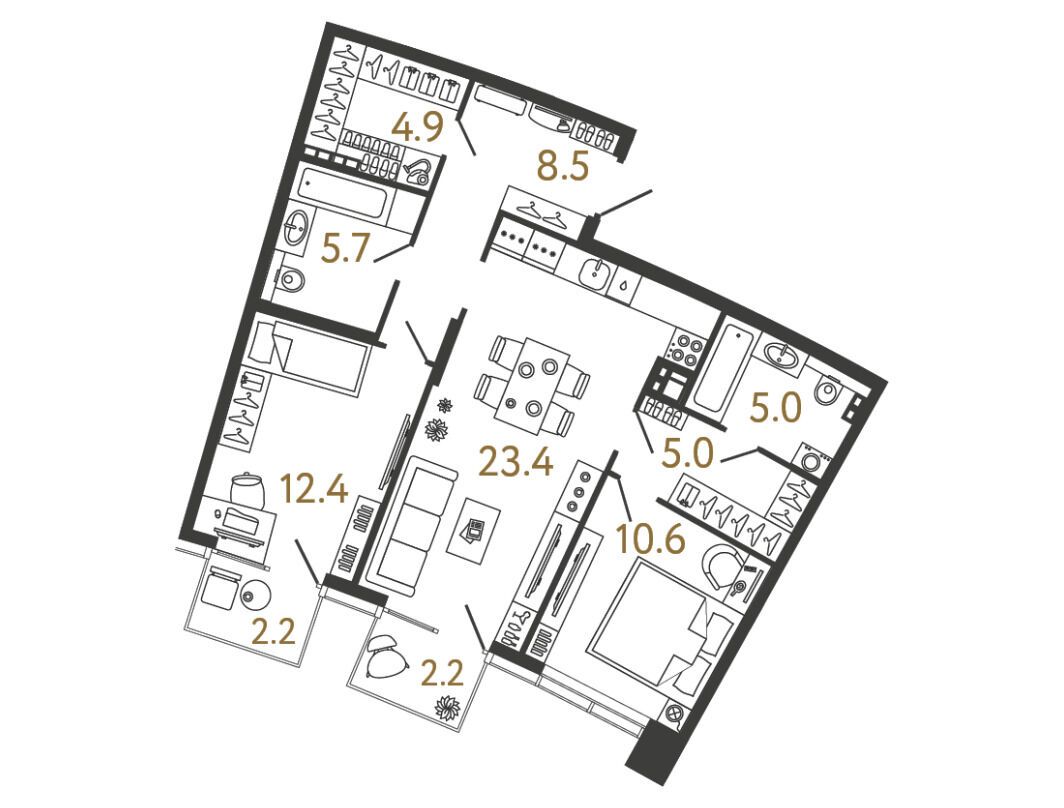 Планировка: 2-комн. квартира 75.50 м² в новостройке Цвет Зеленогорска