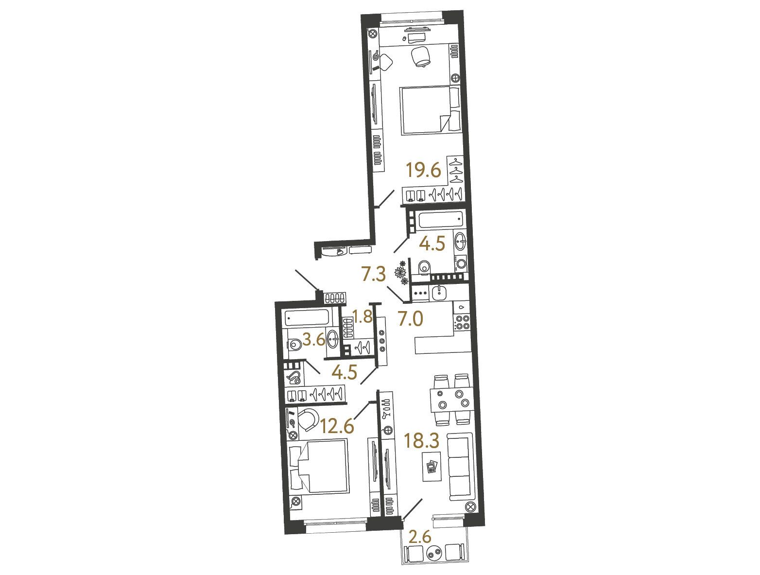 Планировка: 2-комн. квартира 79.20 м² в новостройке Цвет Зеленогорска