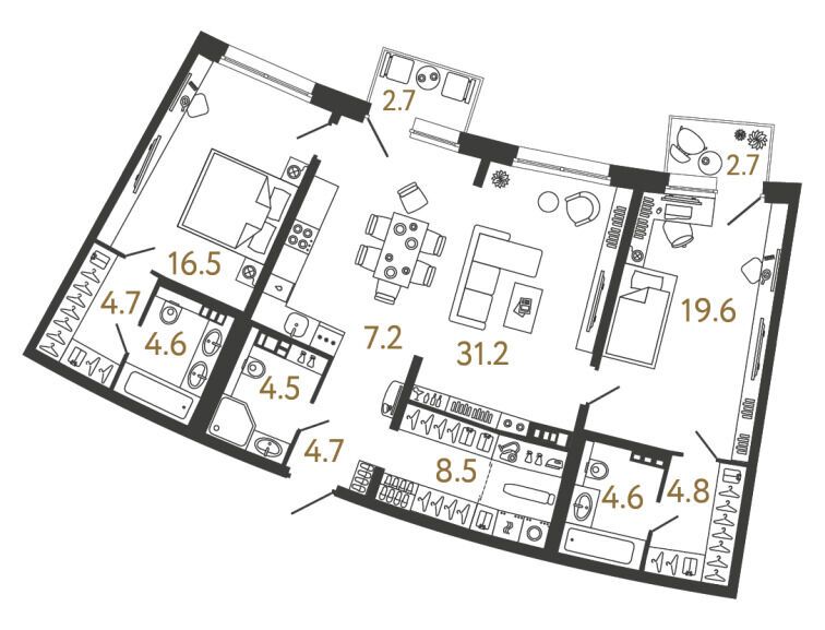 Планировка: 2-комн. квартира 110.90 м² в новостройке Цвет Зеленогорска