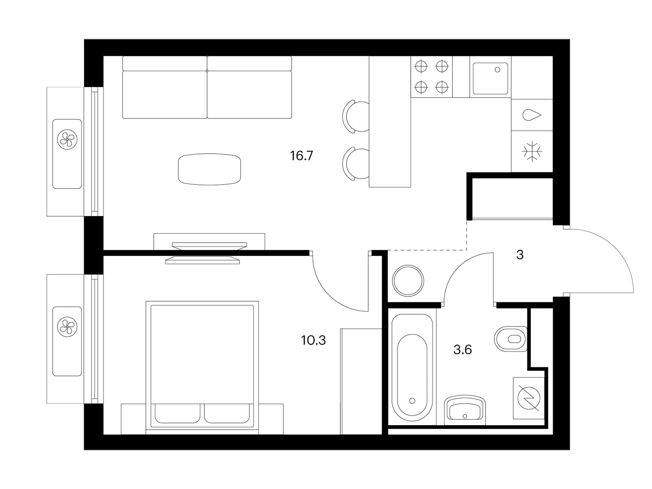 Планировка: 1-комн. квартира 33.60 м² в новостройке Витебский парк