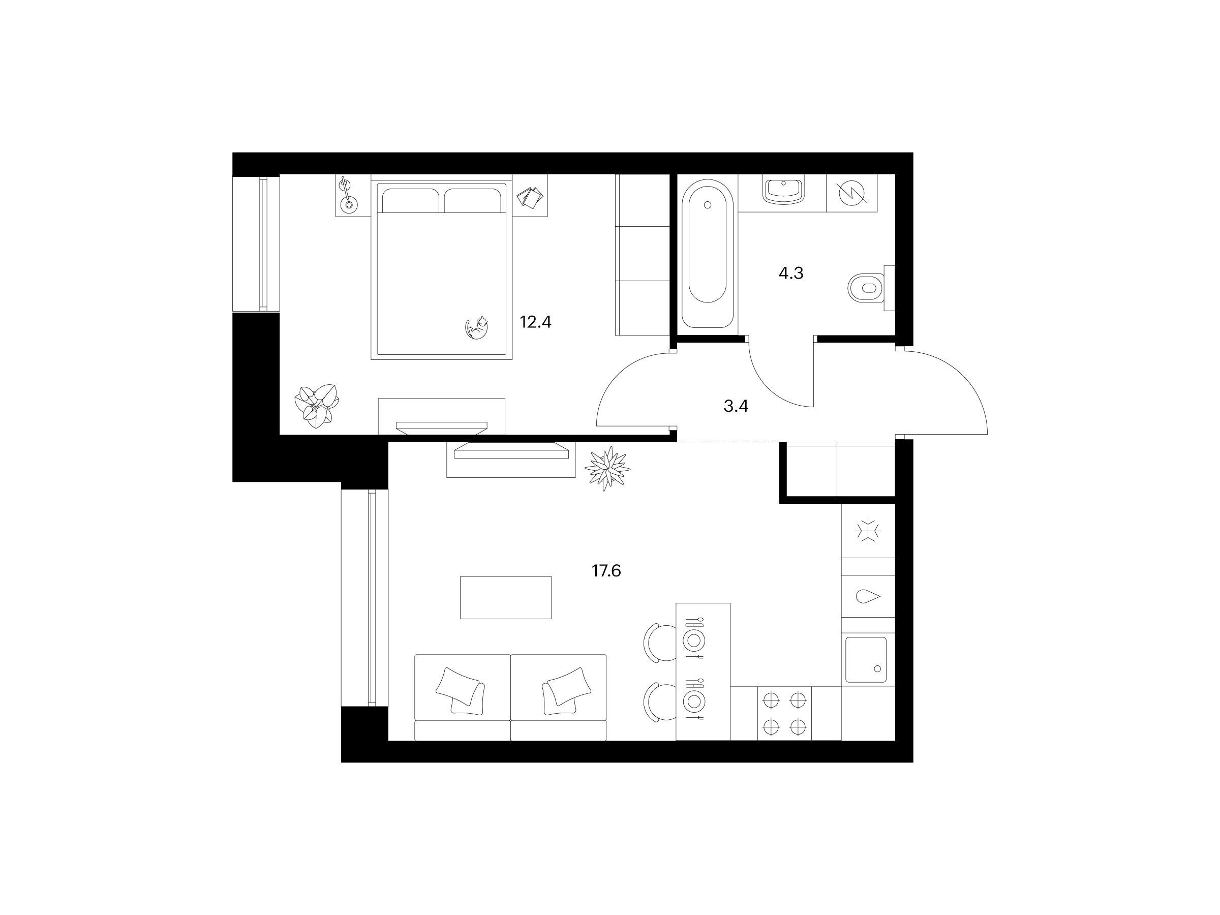 Планировка: 1-комн. квартира 37.70 м² в новостройке Шкиперский 19