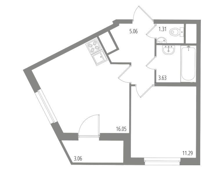 Планировка: 1-комн. квартира 38.87 м² в новостройке Дом на Пушкинской