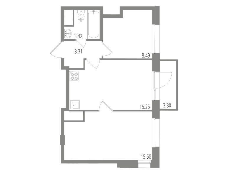 Планировка: 2-комн. квартира 47.04 м² в новостройке Дом на Пушкинской