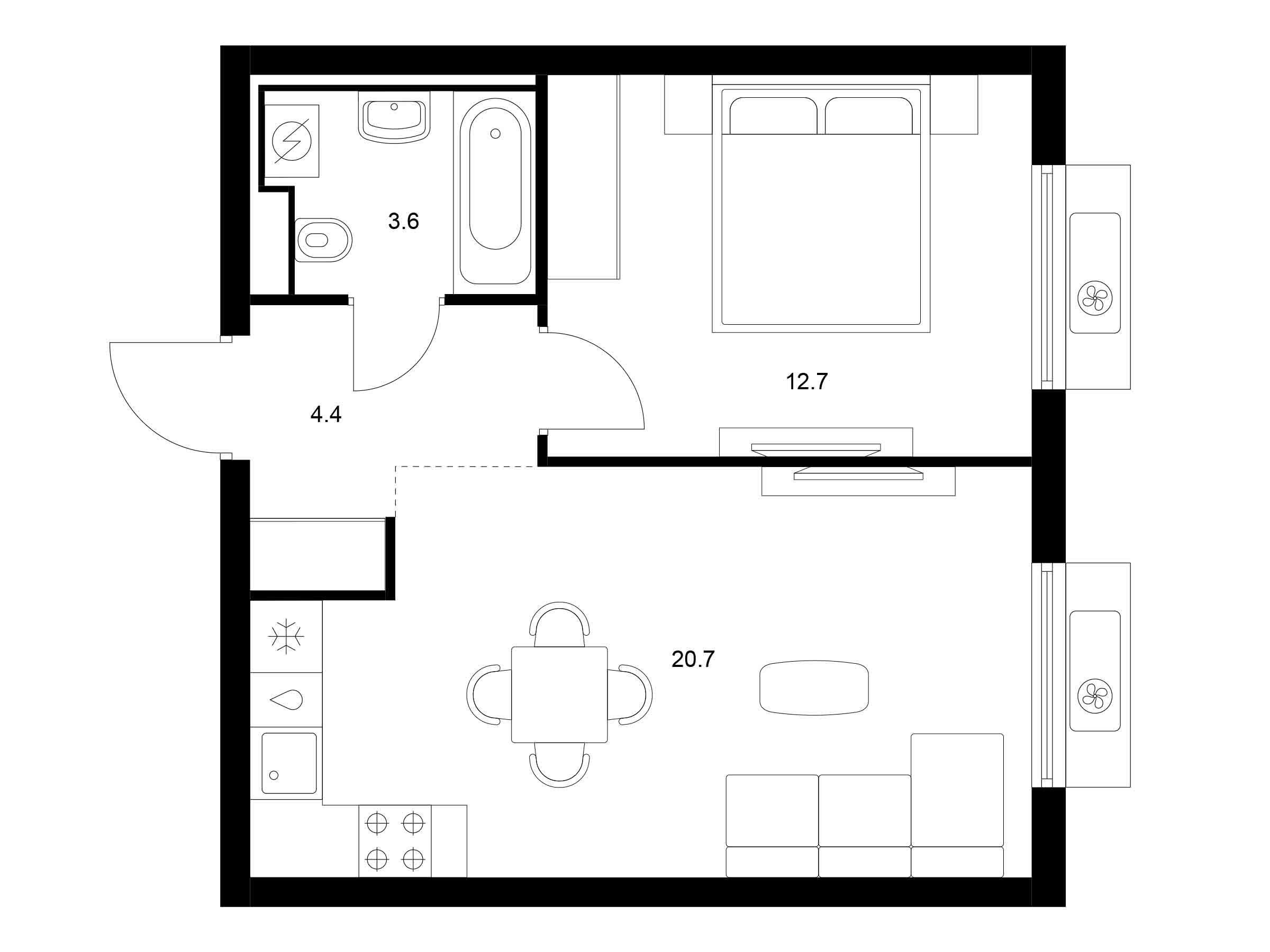 Планировка: 1-комн. квартира 41.40 м² в новостройке Витебский парк