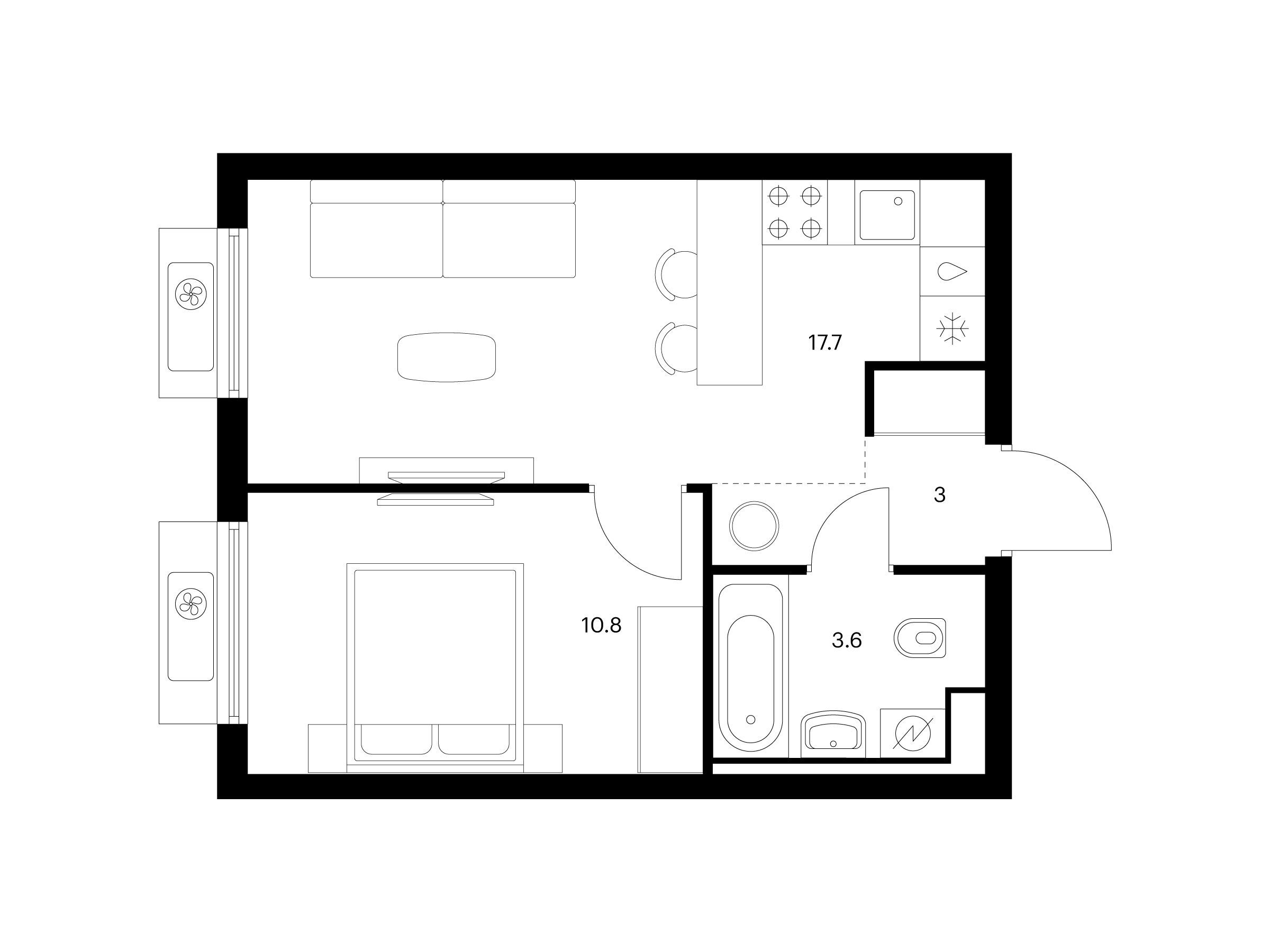 Планировка: 1-комн. квартира 35.10 м² в новостройке Витебский парк