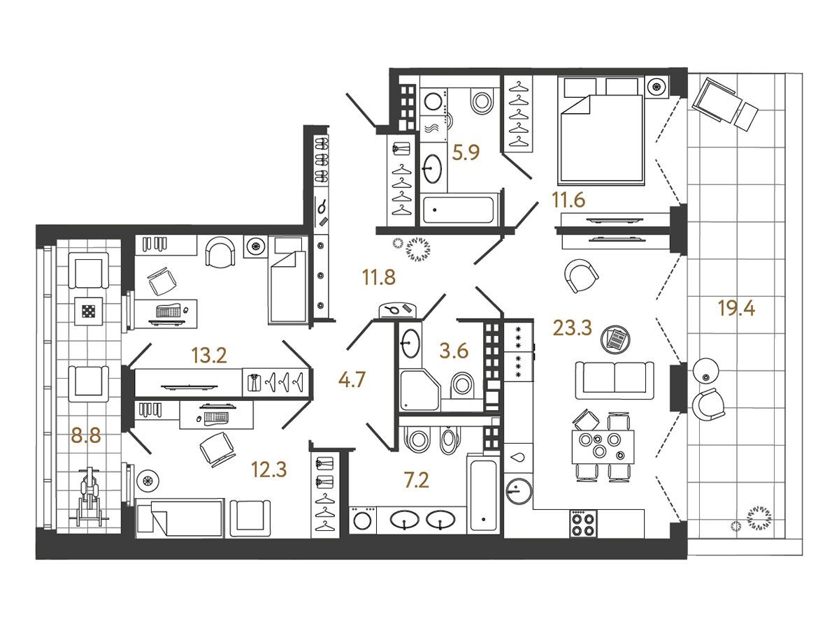 Планировка: 3-комн. квартира 93.60 м² в новостройке ЖК Миръ