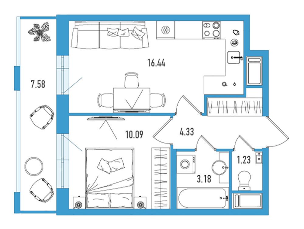 Планировка: 1-комн. квартира 37.54 м² в новостройке ЖК Искра Сити
