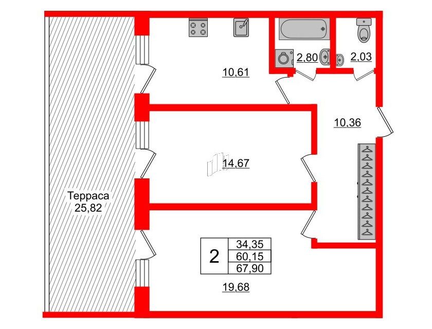 Планировка: 2-комн. квартира 67.90 м² в новостройке Берег. Курортный