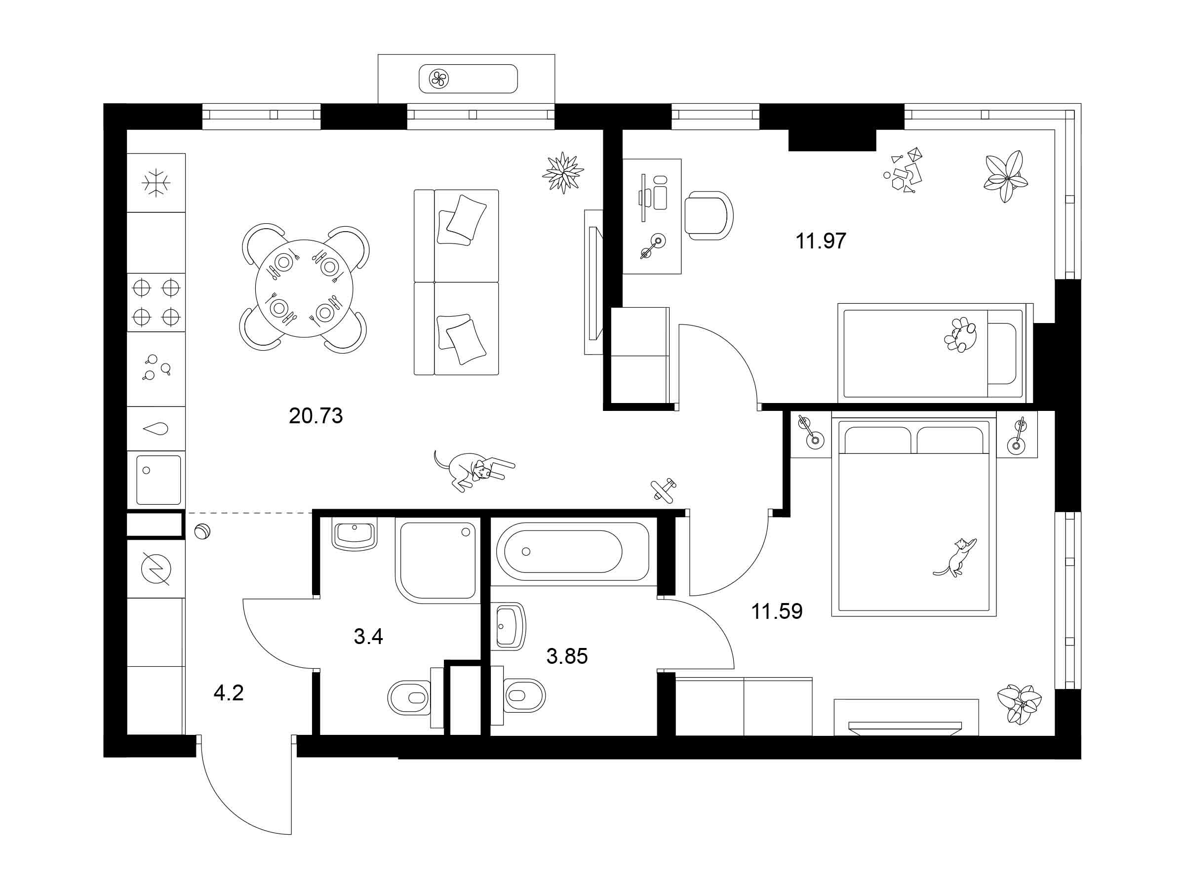 Планировка: 2-комн. квартира 55.74 м² в новостройке Таллинский парк