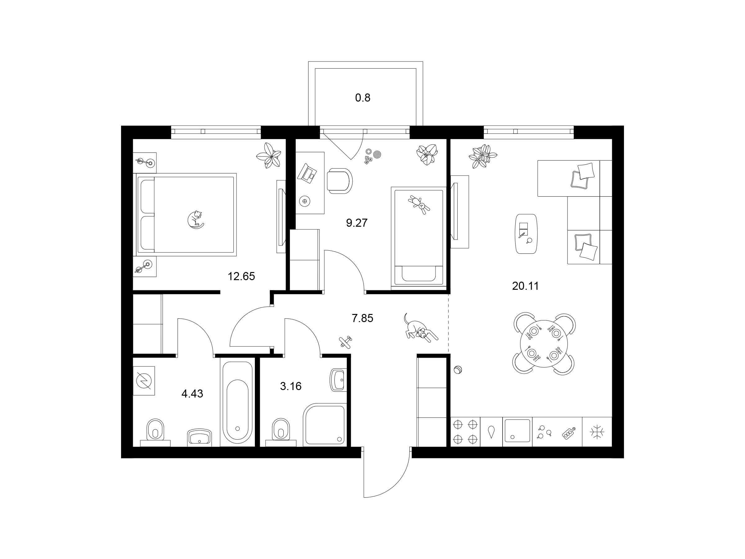 Планировка: 2-комн. квартира 58.27 м² в новостройке Таллинский парк