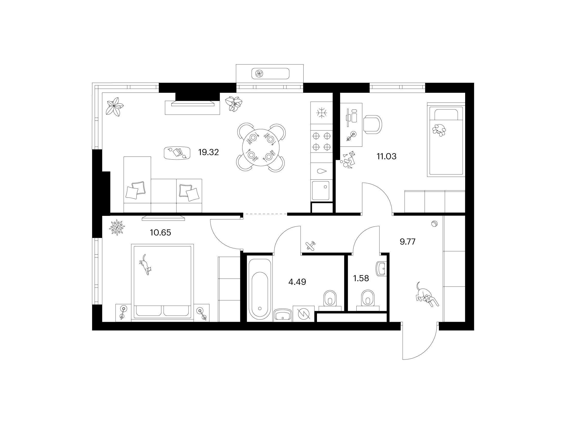 Планировка: 2-комн. квартира 56.84 м² в новостройке Таллинский парк