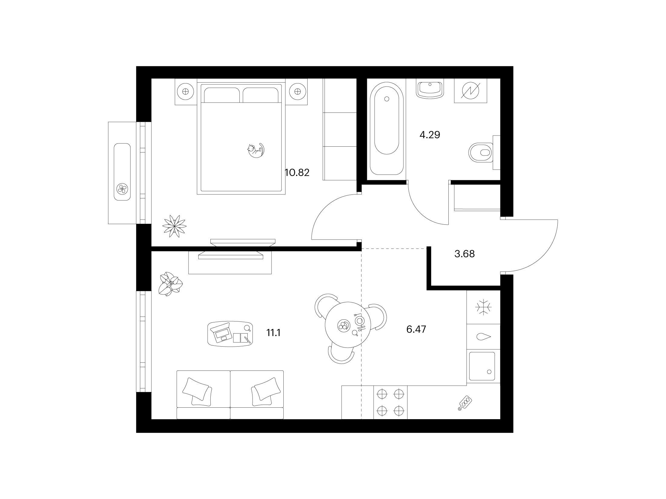 Планировка: 1-комн. квартира 36.36 м² в новостройке Таллинский парк