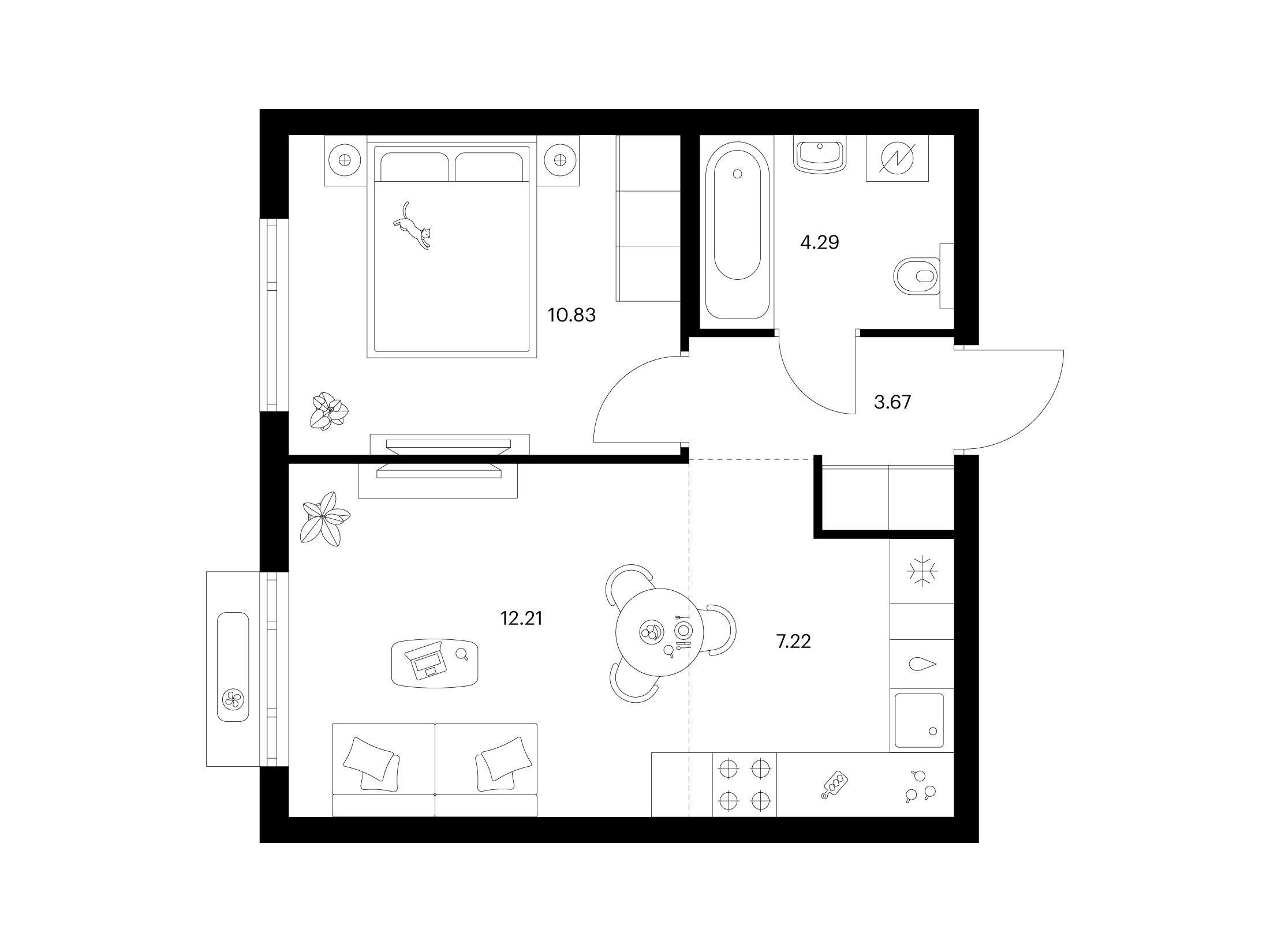 Планировка: 1-комн. квартира 38.22 м² в новостройке Таллинский парк