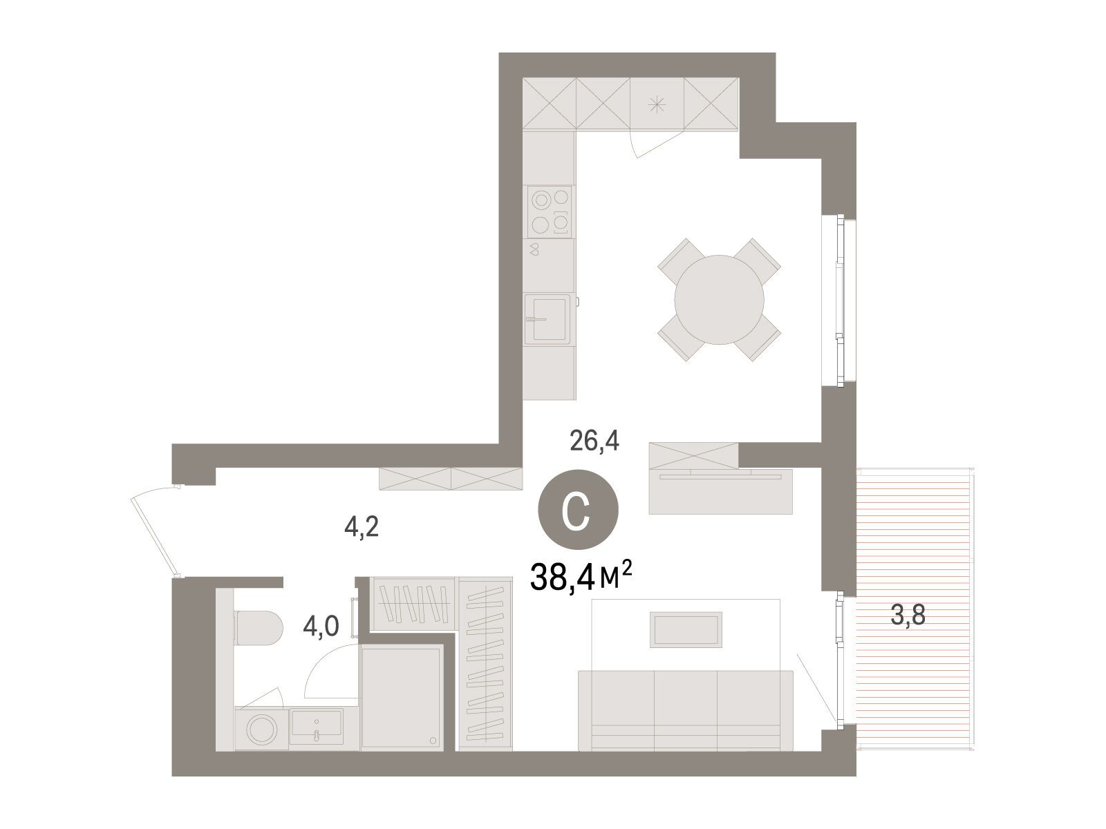 Планировка: Студия 38.40 м² в новостройке Брусника в Новоселье