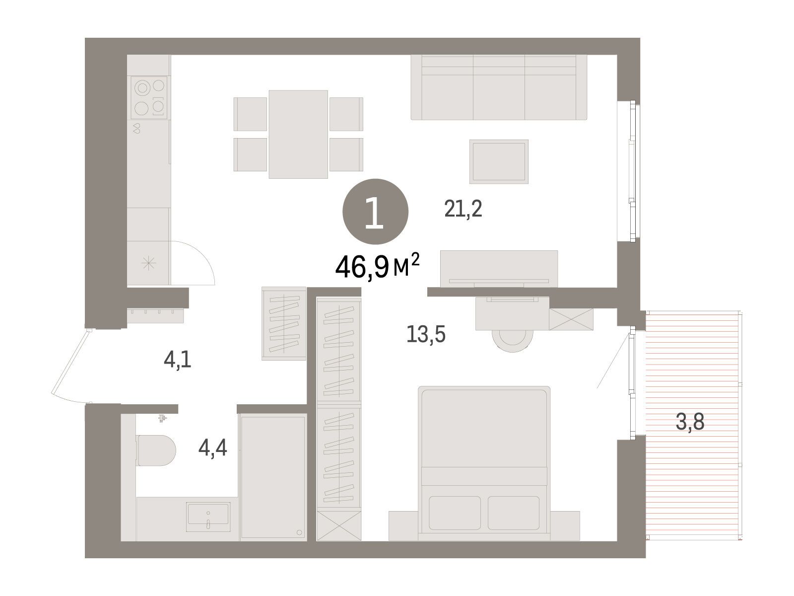 Планировка: 1-комн. квартира 46.90 м² в новостройке Брусника в Новоселье