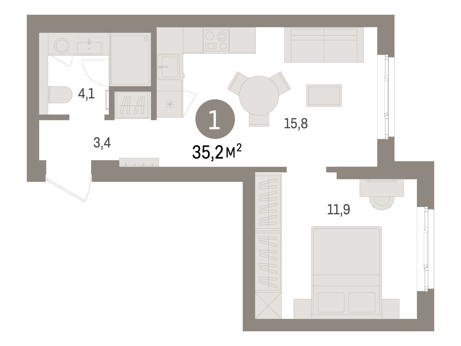Планировка: 1-комн. квартира 35.20 м² в новостройке ЖК Брусника в Новоселье