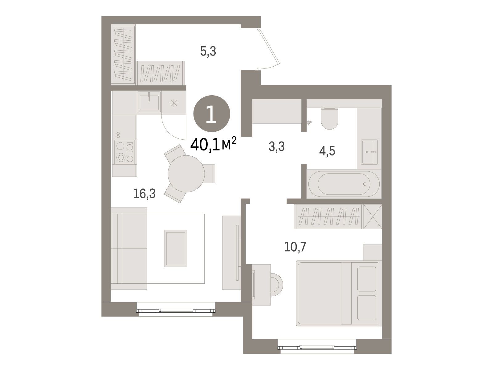 Планировка: 1-комн. квартира 40.10 м² в новостройке Брусника в Новоселье