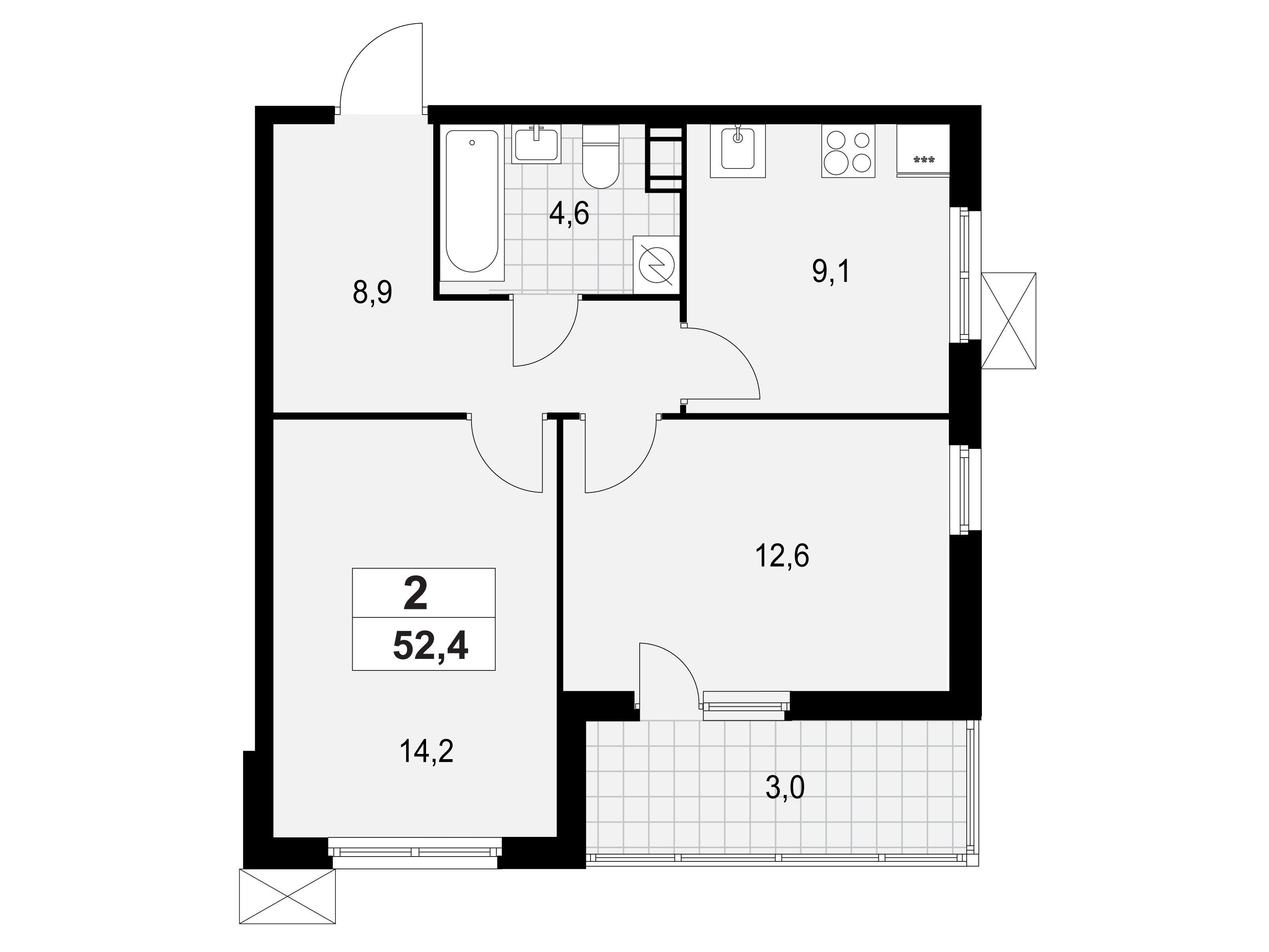 Планировка: 2-комн. квартира 52.40 м² в новостройке А101 Лаголово