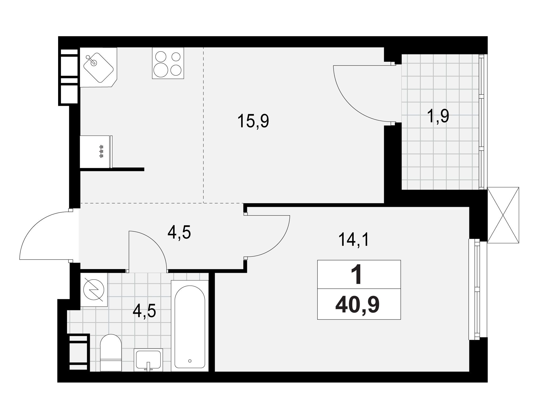 Планировка: 1-комн. квартира 40.90 м² в новостройке ЖК А101 Лаголово